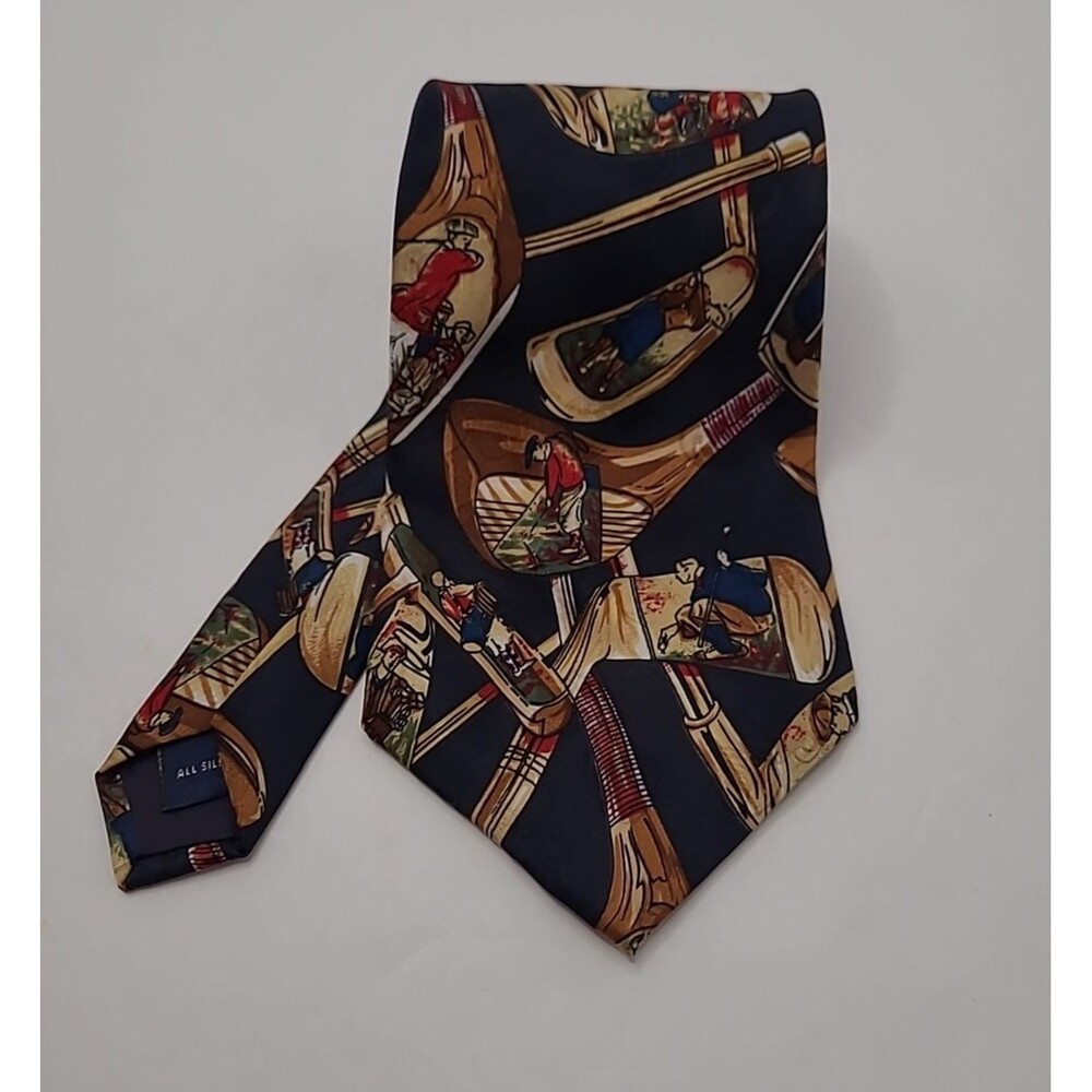 JT Beckett Mens Tie Golf Club 100% Silk Blue Tan AOP Tie 4 Inch width